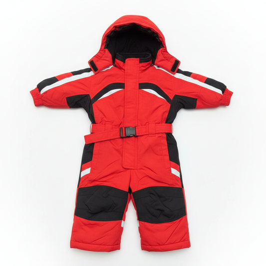 Red and black ski suit with white background