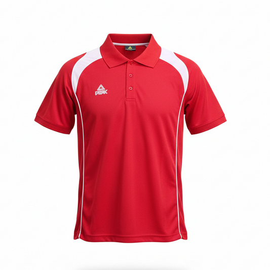 Red and white Peak polo shirt with ghost mannequin effect on white background