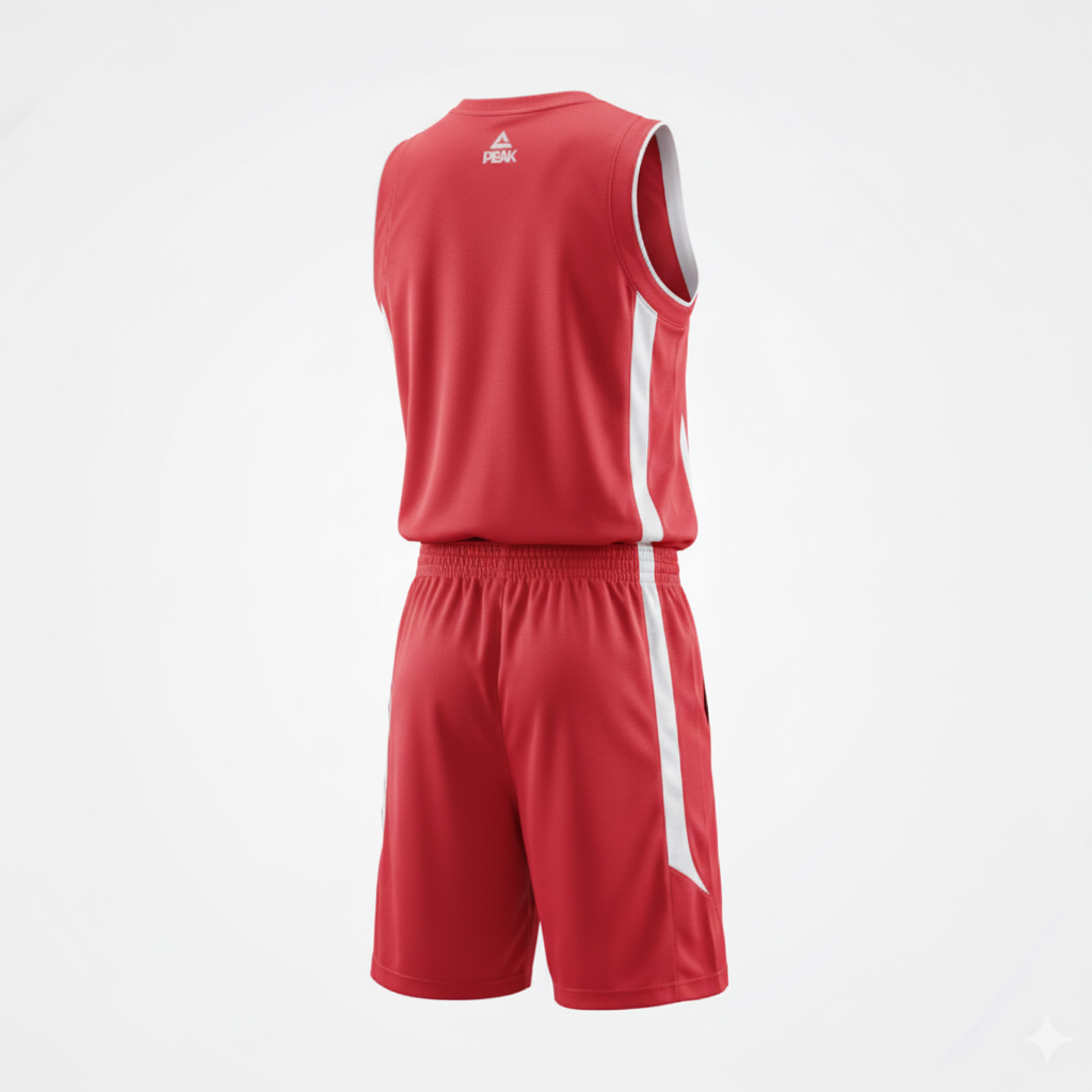 Red basketball uniform back view with white trim
