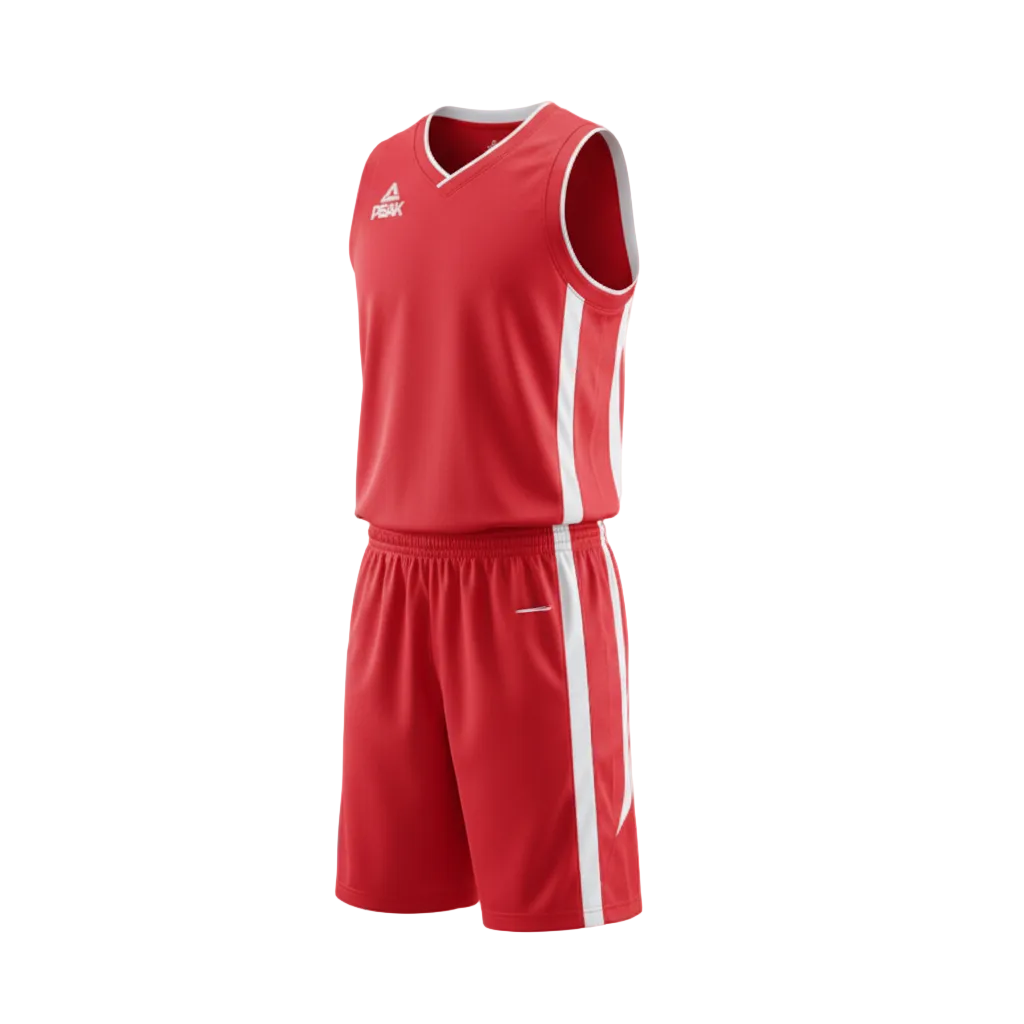 Red basketball uniform with white trim