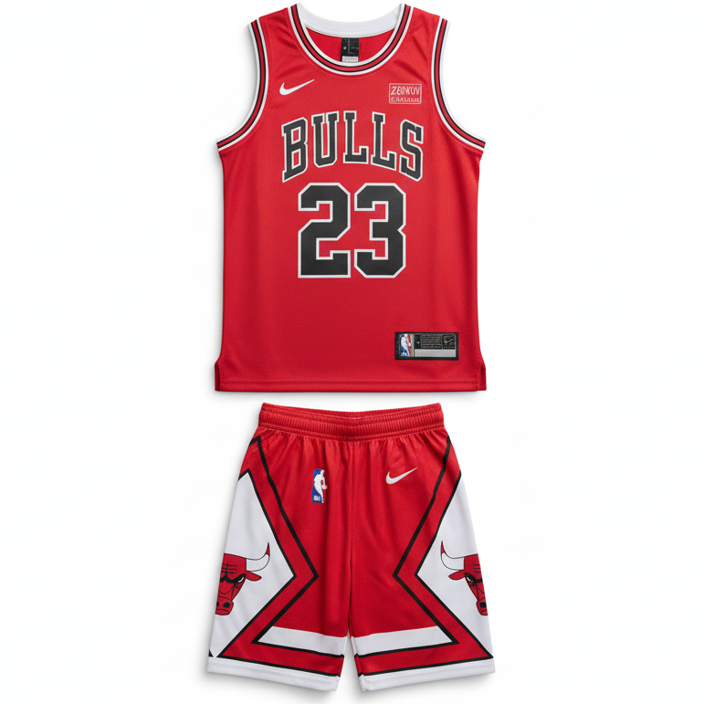 Red Chicago Bulls basketball uniform set on white background