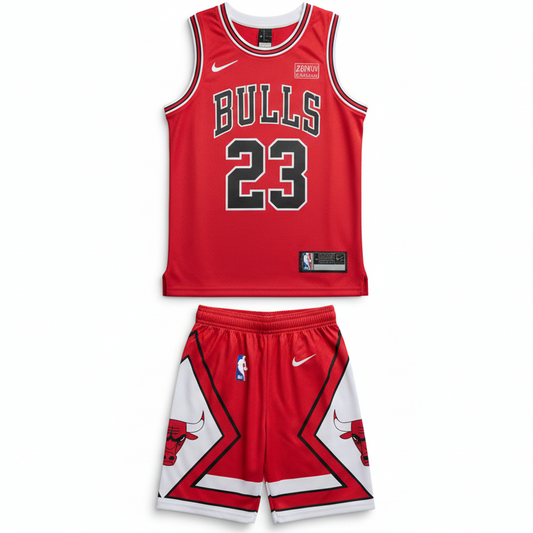 Red Chicago Bulls basketball uniform set on white background