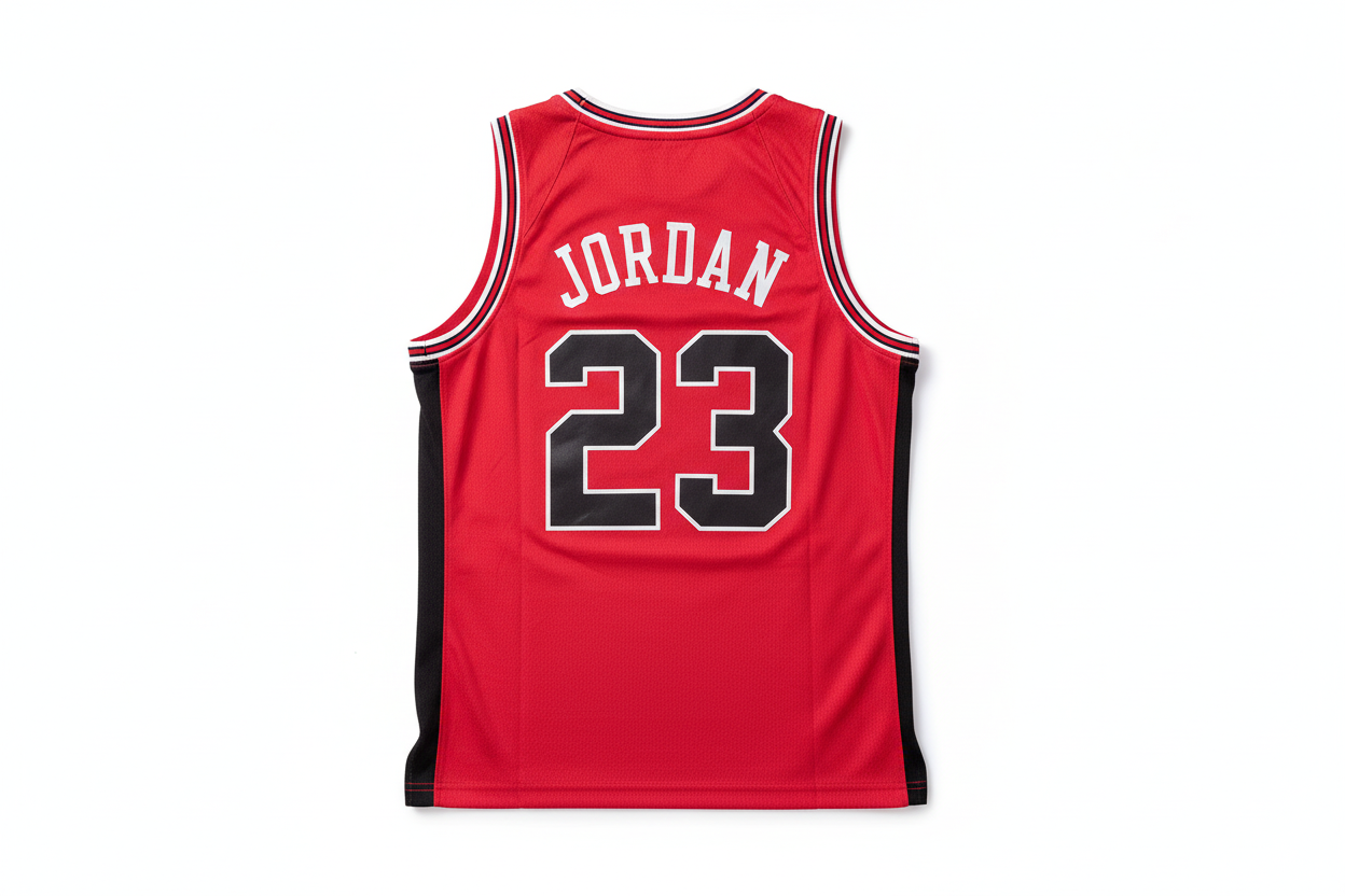 Red Chicago Bulls jersey back view on white background