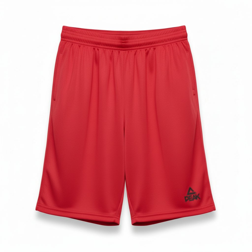 Red PEAK athletic shorts on white background