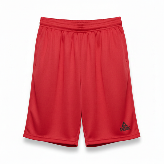 Red PEAK athletic shorts on white background