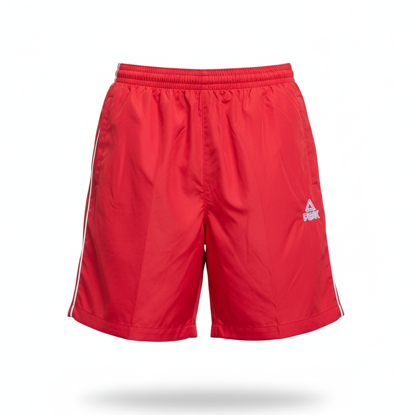 Red PEAK shorts with logo white background professional