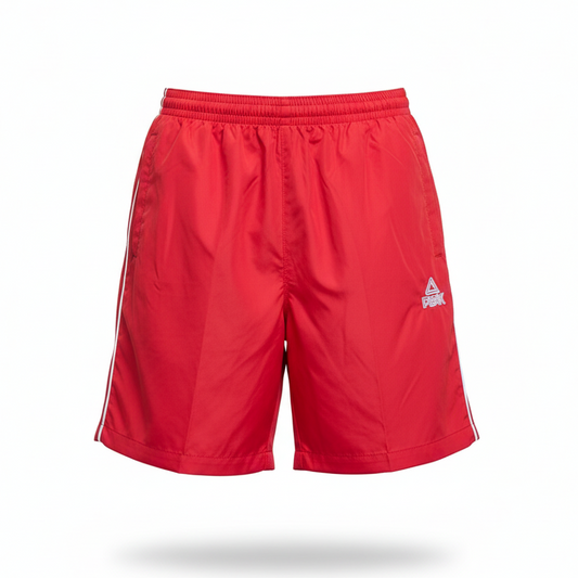 Red PEAK shorts with logo white background professional