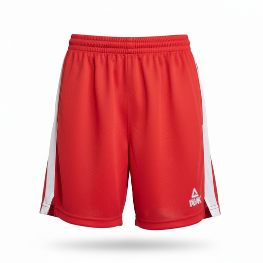 Red PEAK shorts with white side panels on white background