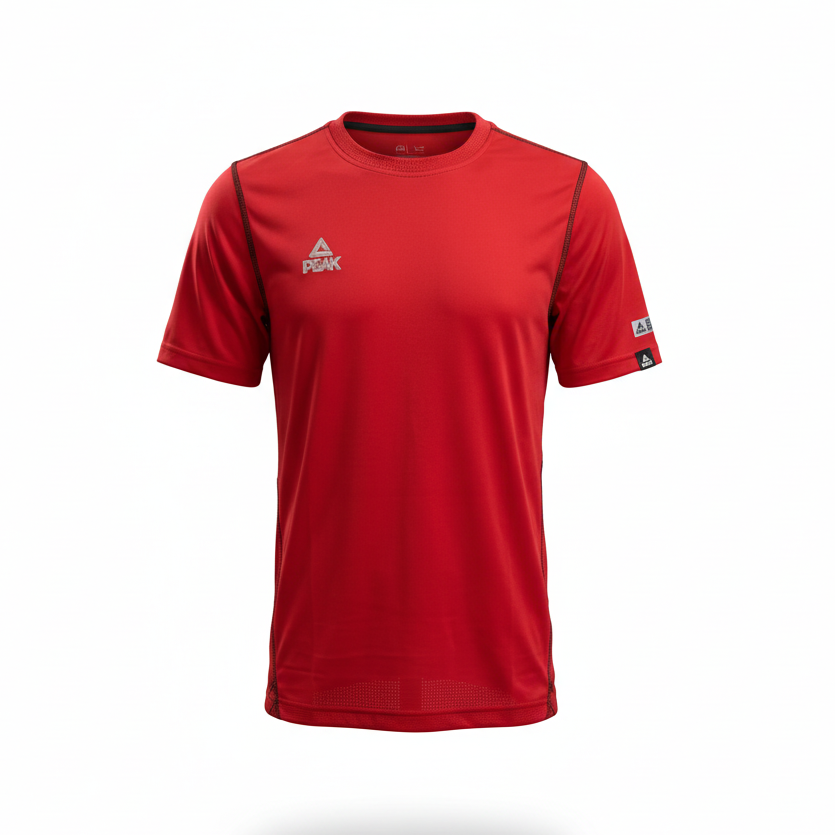 Red Peak t-shirt with ghost mannequin effect, no head visible, on white background