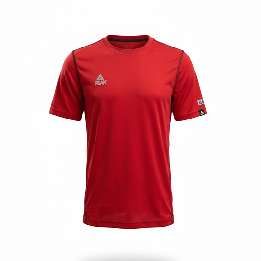 Red Peak t-shirt with ghost mannequin effect, no head visible, on white background