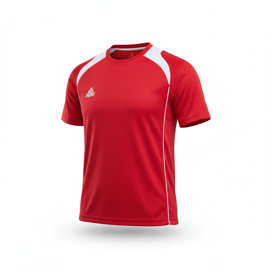 Red Peak t-shirt with white accents ghost mannequin