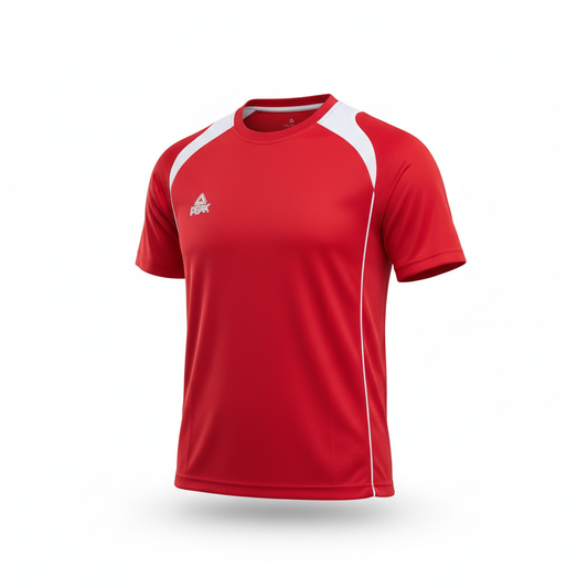 Red Peak t-shirt with white accents ghost mannequin