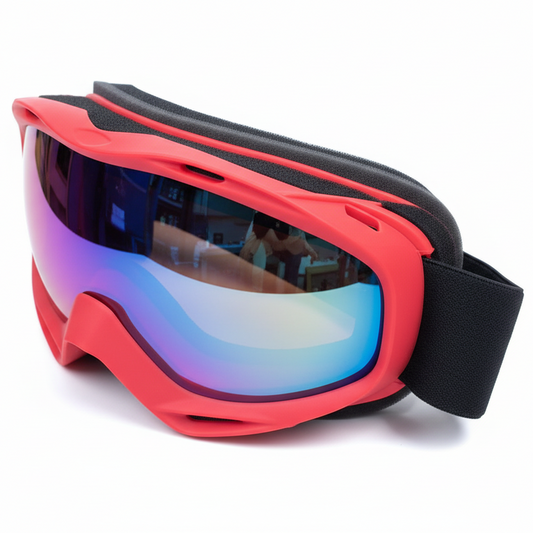 Red ski goggles with clean mirrored lens on white background