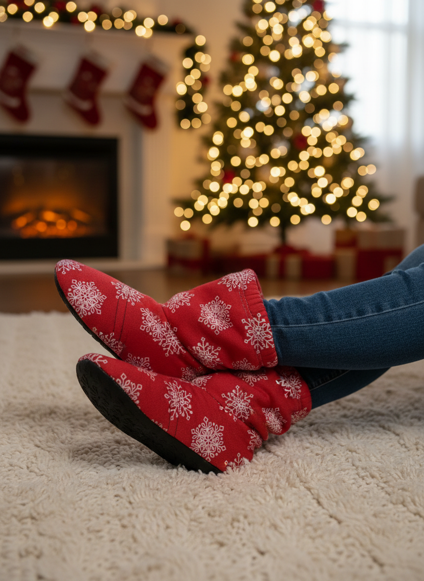 Fluffy Snowflake Slippers Red