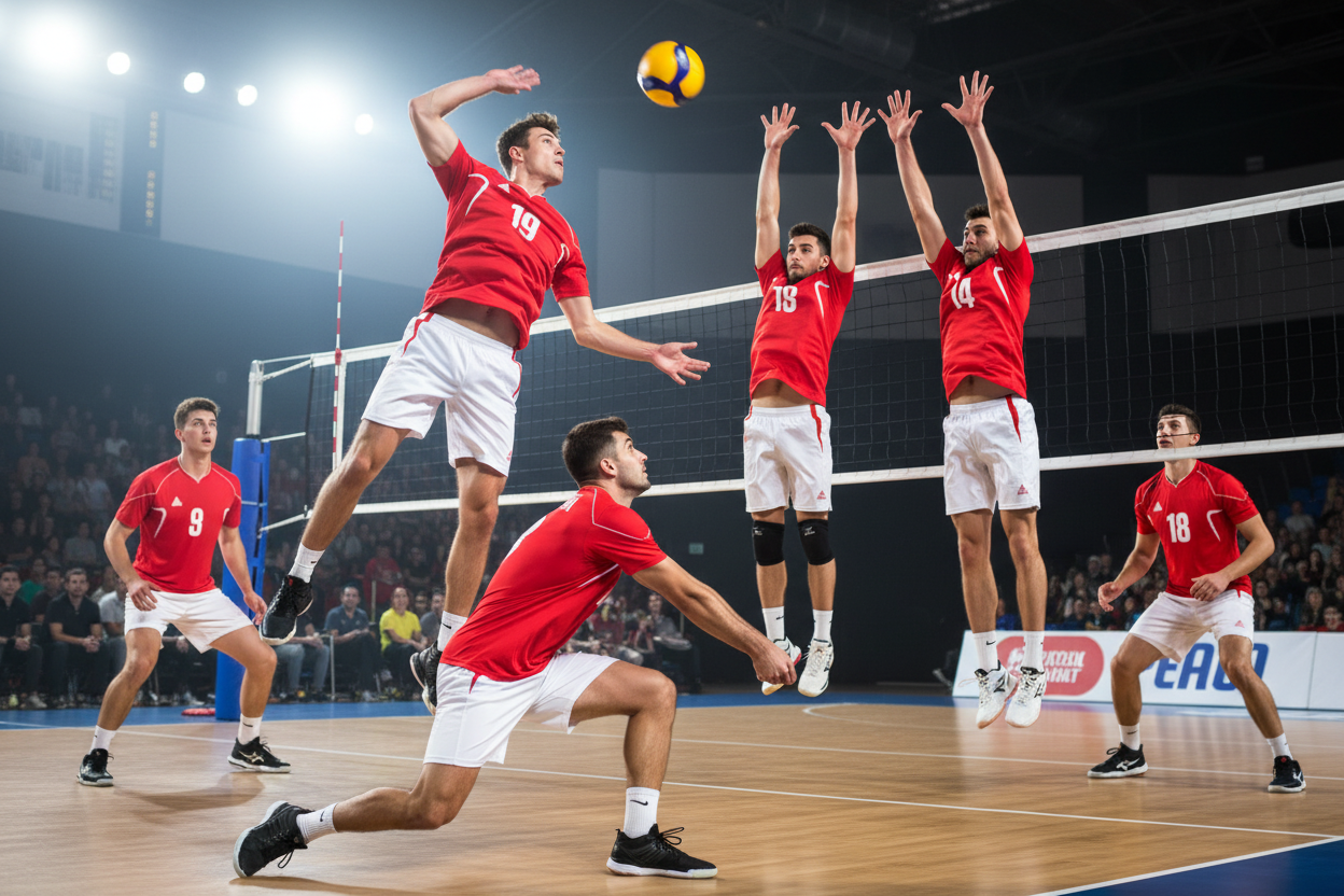 Red & White Peak Volleyball Team in Action