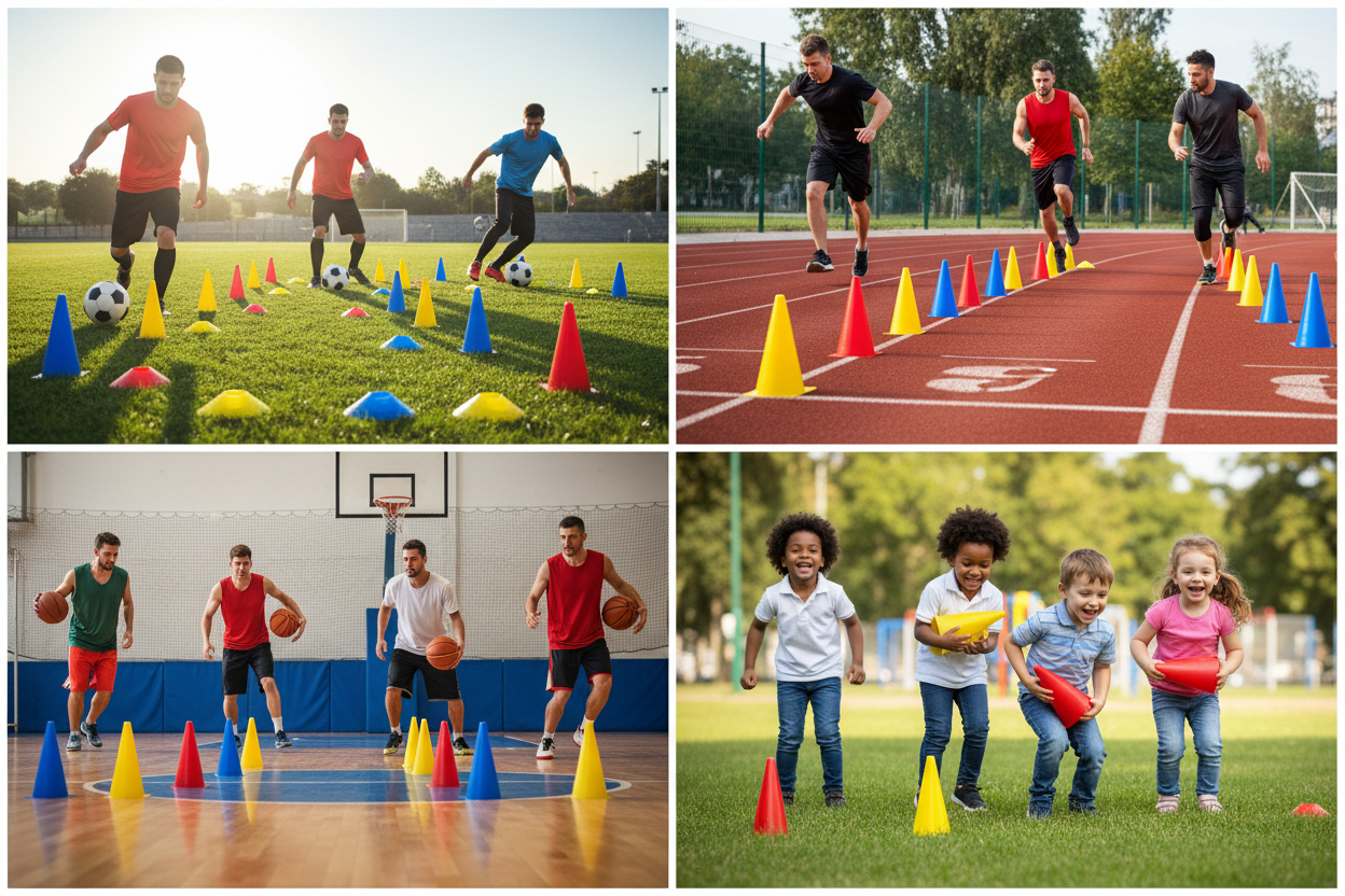 Red yellow blue training cones multi-sport collage