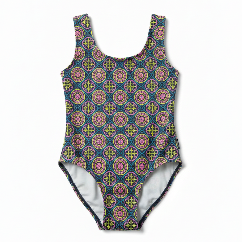 Retro Medallion Print Swimsuit - White Background