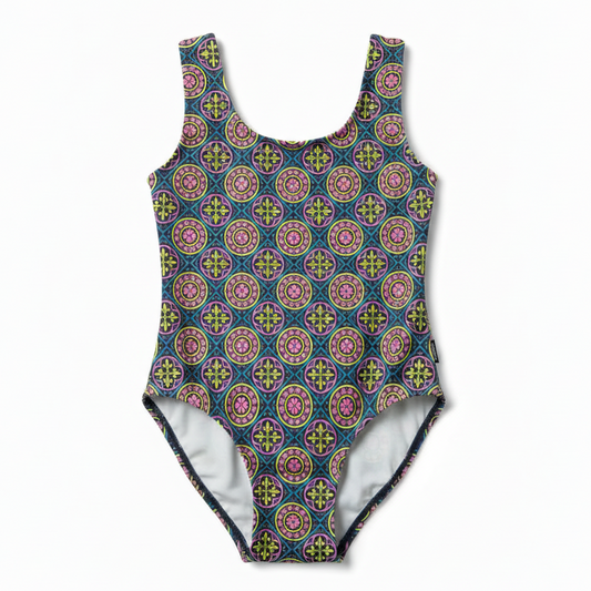 Retro Medallion Print Swimsuit - White Background