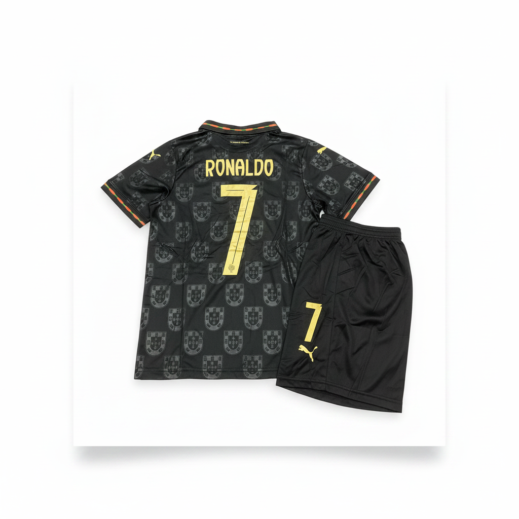 Ronaldo #7 black kit back view on white background