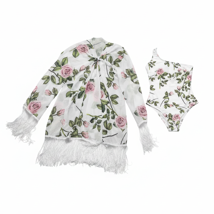 Rose Floral Swimsuit Set White Background