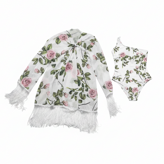 Rose Floral Swimsuit Set White Background