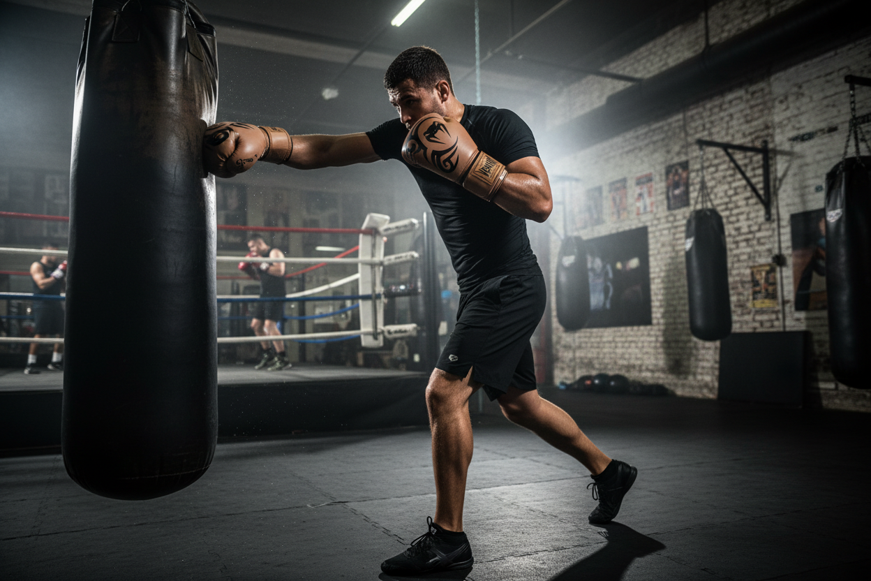 Rose gold Venum boxing gloves lifestyle shot