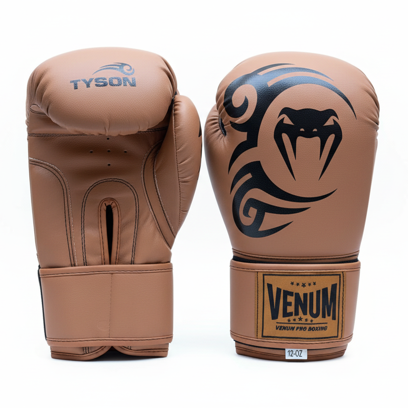 Rose gold Venum boxing gloves on white background