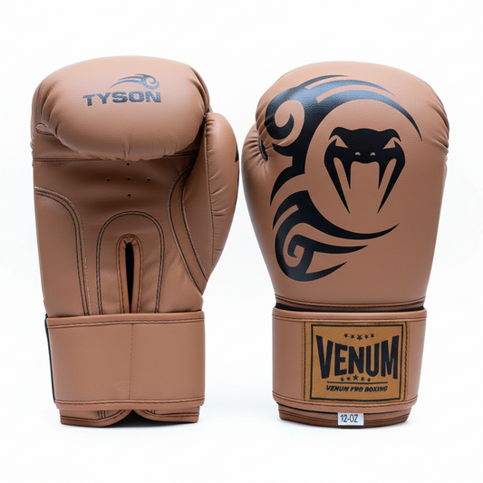 Rose gold Venum boxing gloves on white background