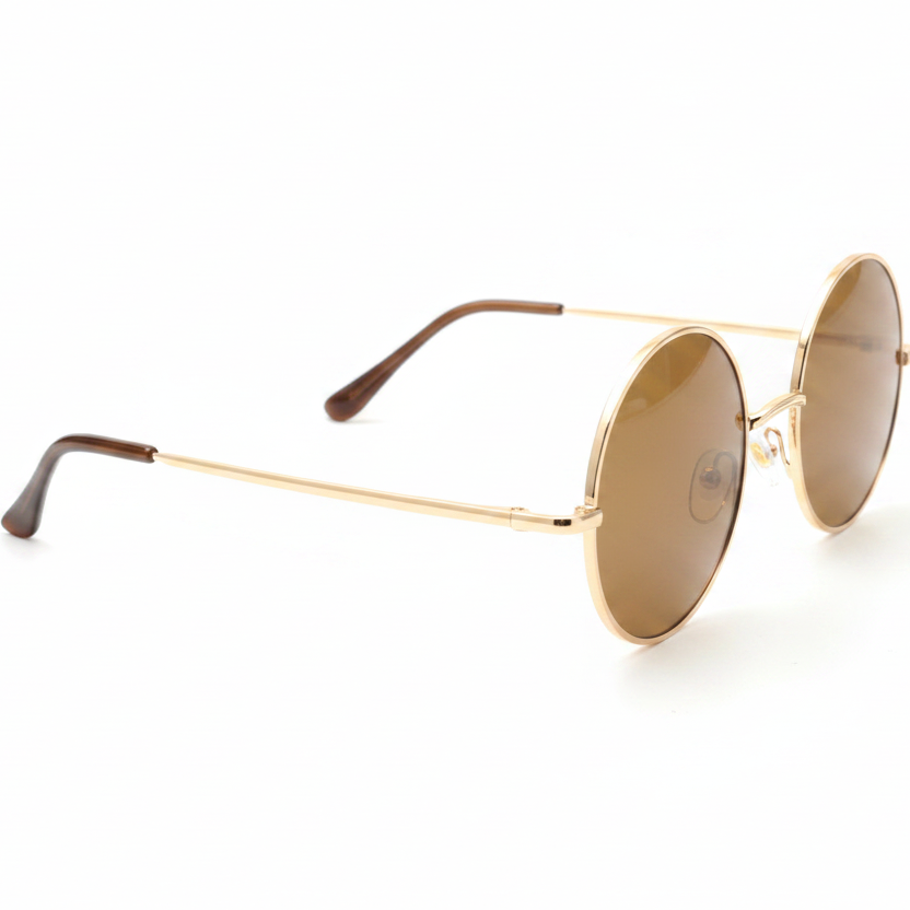 Round Gold Frame Brown Sunglasses – Side Angle White Background