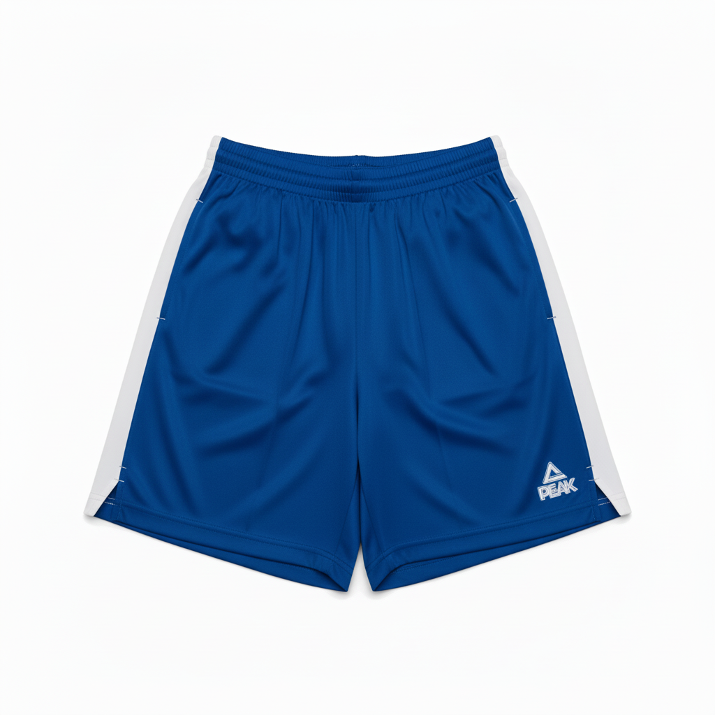 Royal blue and white PEAK shorts on white background