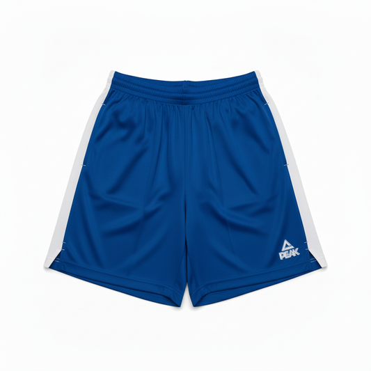 Royal blue and white PEAK shorts on white background