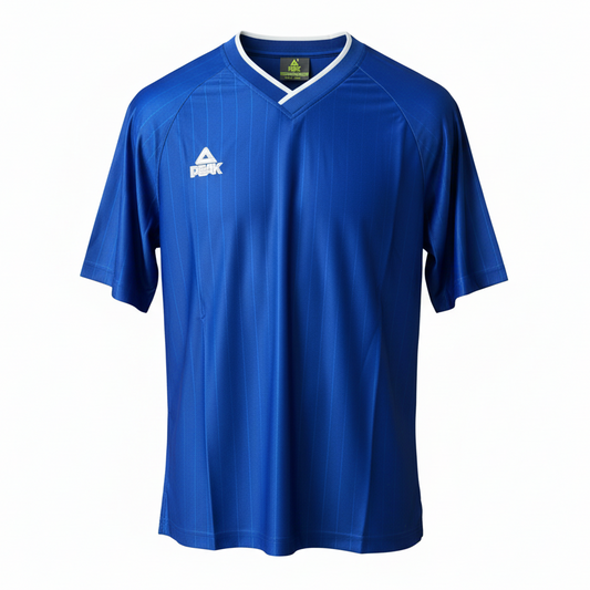 Royal blue PEAK football t-shirt straight-on front view with ghost mannequin effect on white background