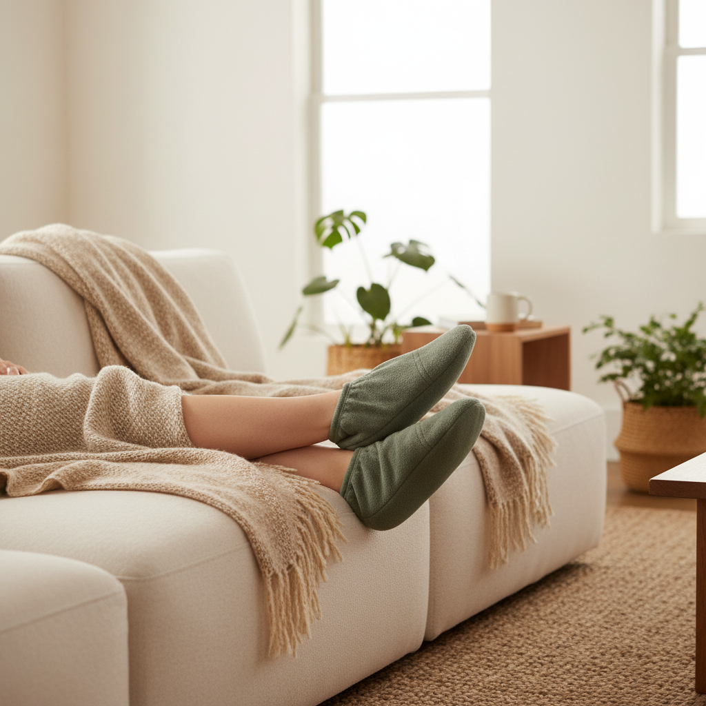 Sage green fuzzy slippers lifestyle photo