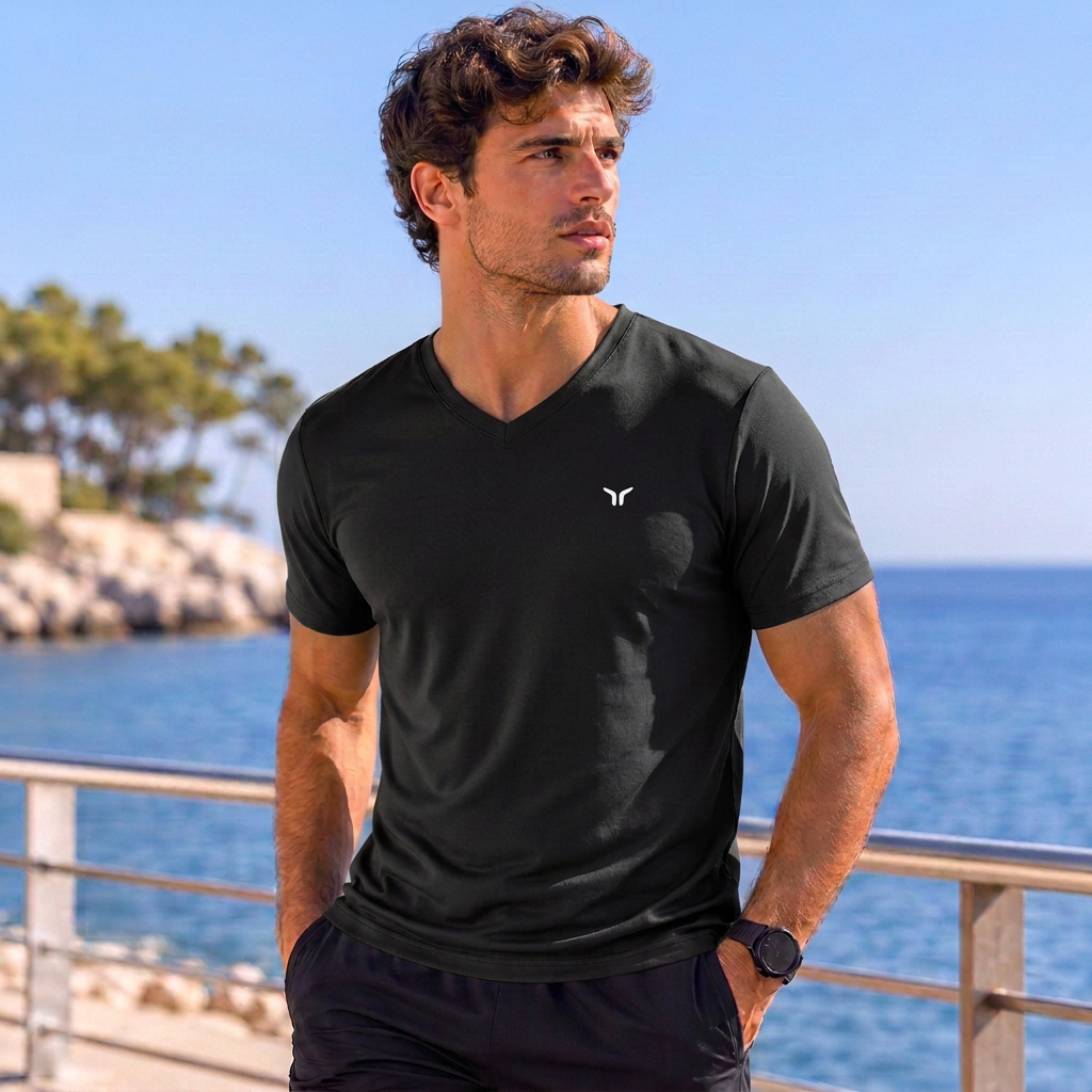 Same man wearing the black T-shirt at the waterfront