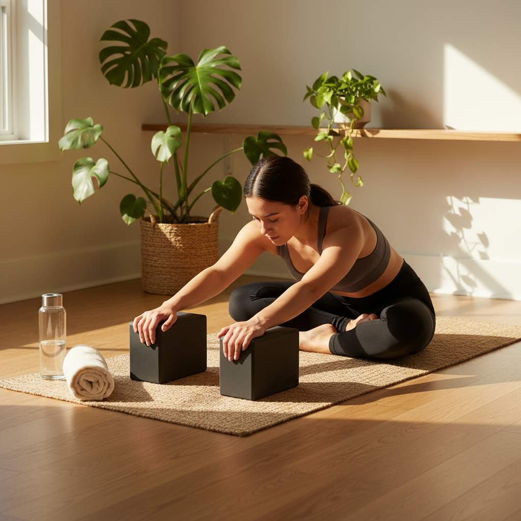 Second lifestyle photo of black yoga blocks in yoga setting