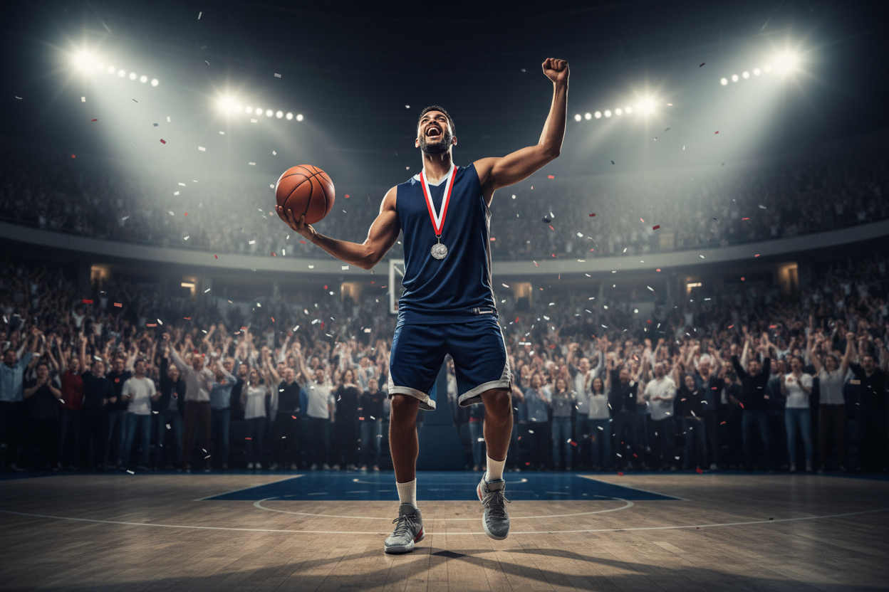 Silver basketball medal lifestyle photo on court