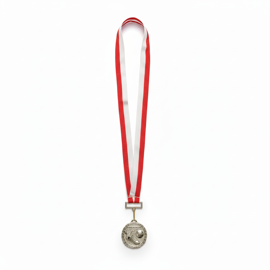 Silver football medal red white ribbon white background
