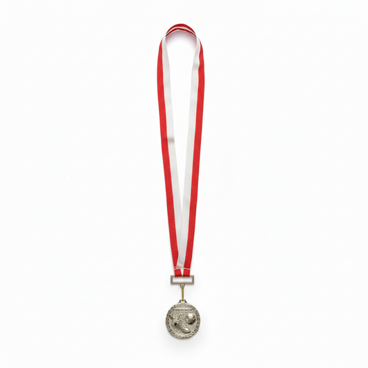 Silver football medal red white ribbon white background
