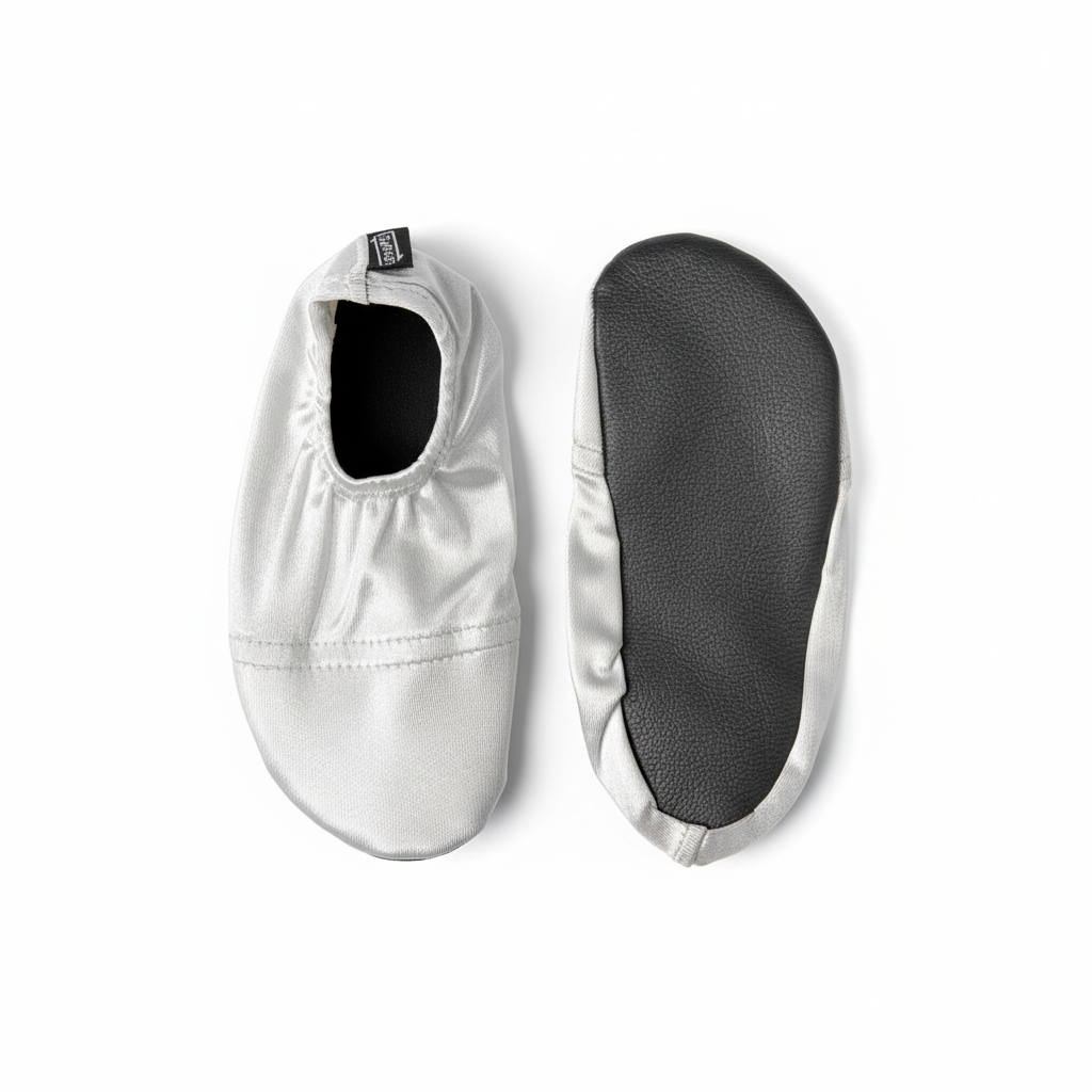 Silver metallic water shoes top and bottom view on white background
