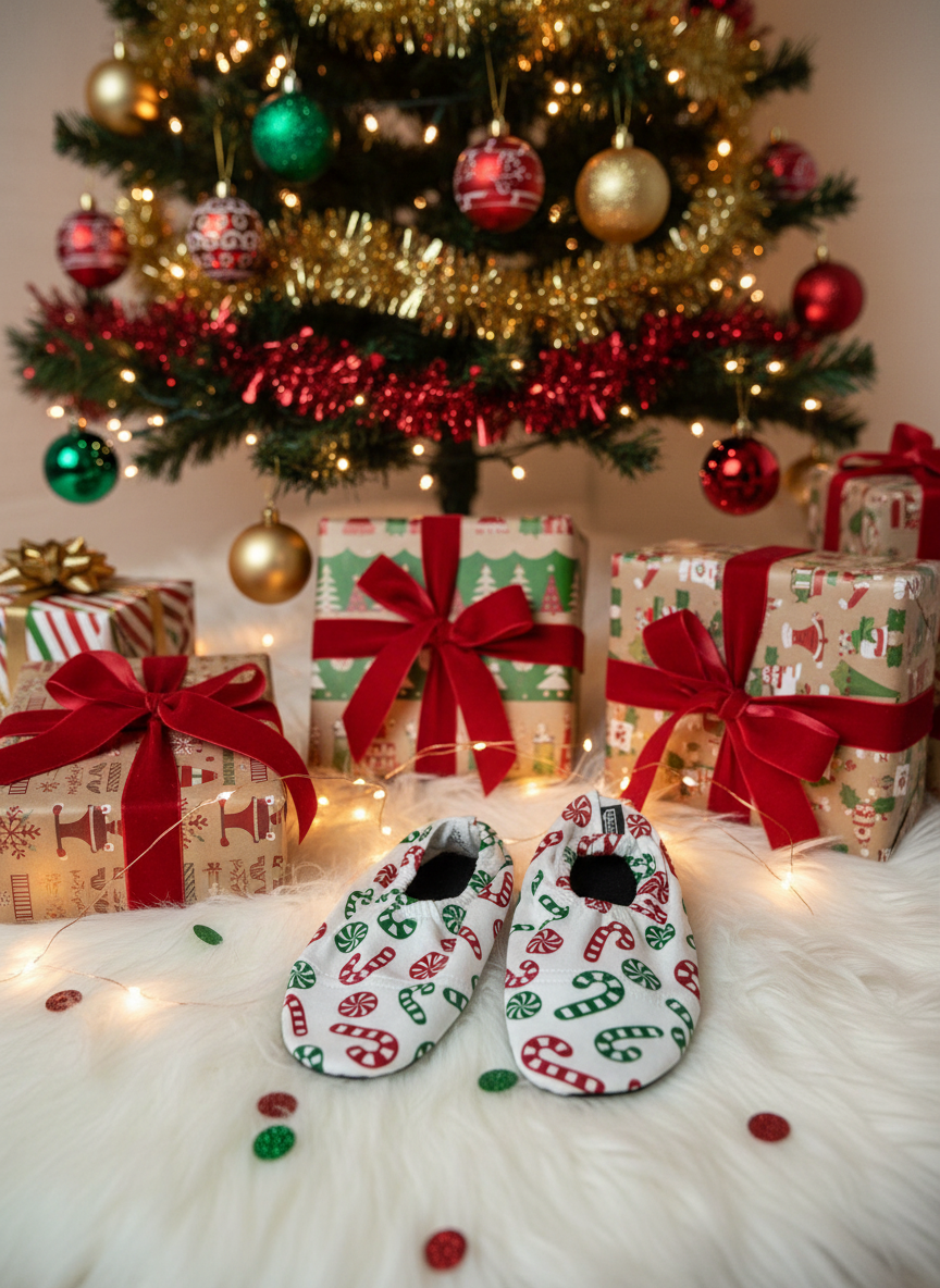 Slippers with wrapped gifts and Christmas tree
