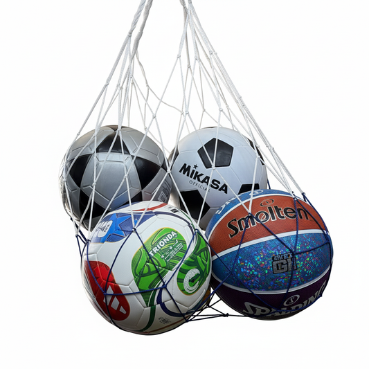 Soccer and basketballs in mesh nets on white background