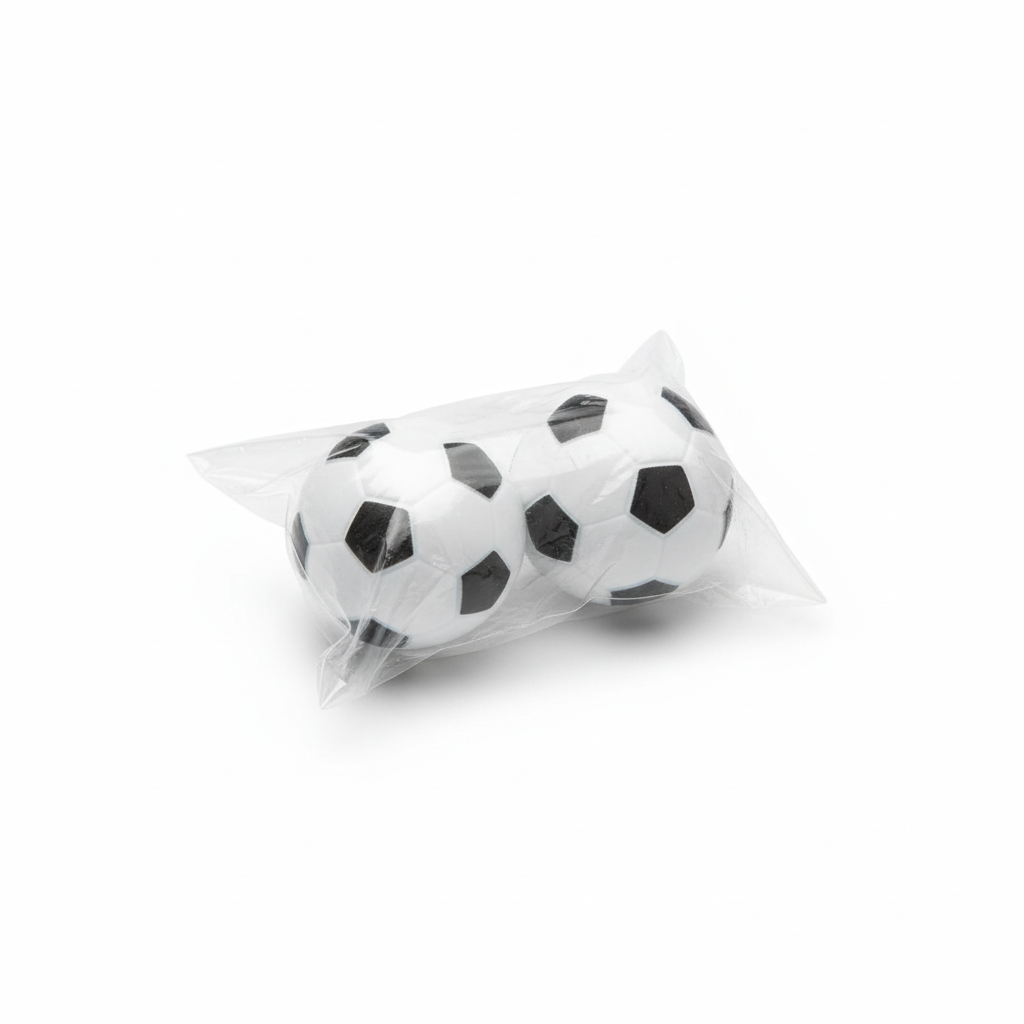 Soccer ball stress balls in packaging on white background