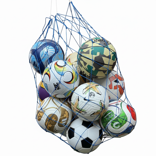 Soccer balls in blue mesh net on white background
