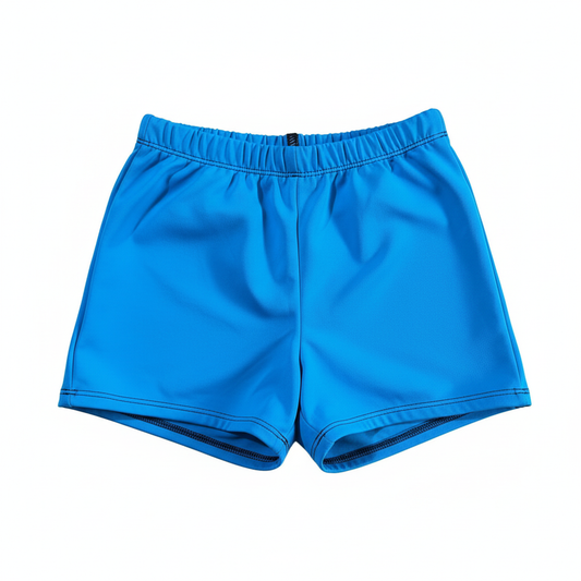 Solid blue swim shorts on white background