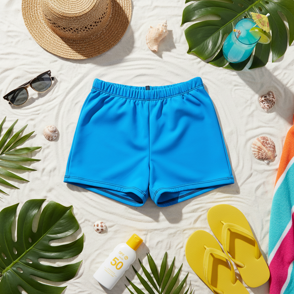 Solid Blue Swim Shorts Summer Flat Lay