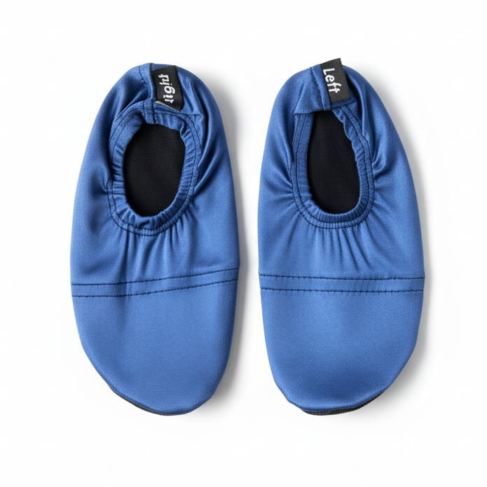 Solid blue water shoes on white background