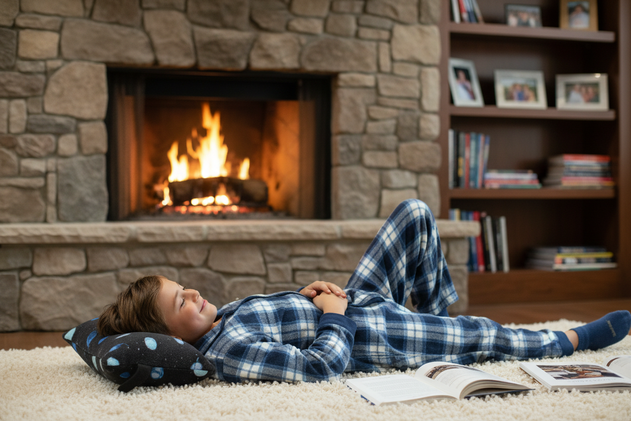 Space pillow - boy near fireplace at home