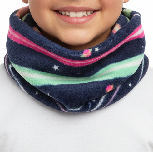 Space-print fleece gaiter worn around a girl's neck