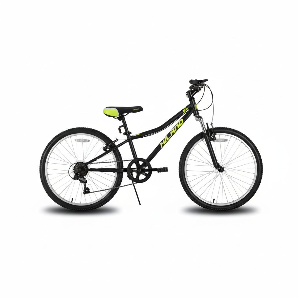 Square black mountain bike with neon accents