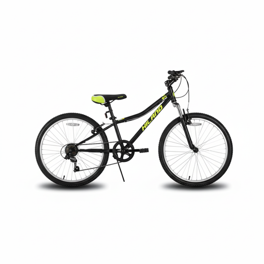 Square black mountain bike with neon accents
